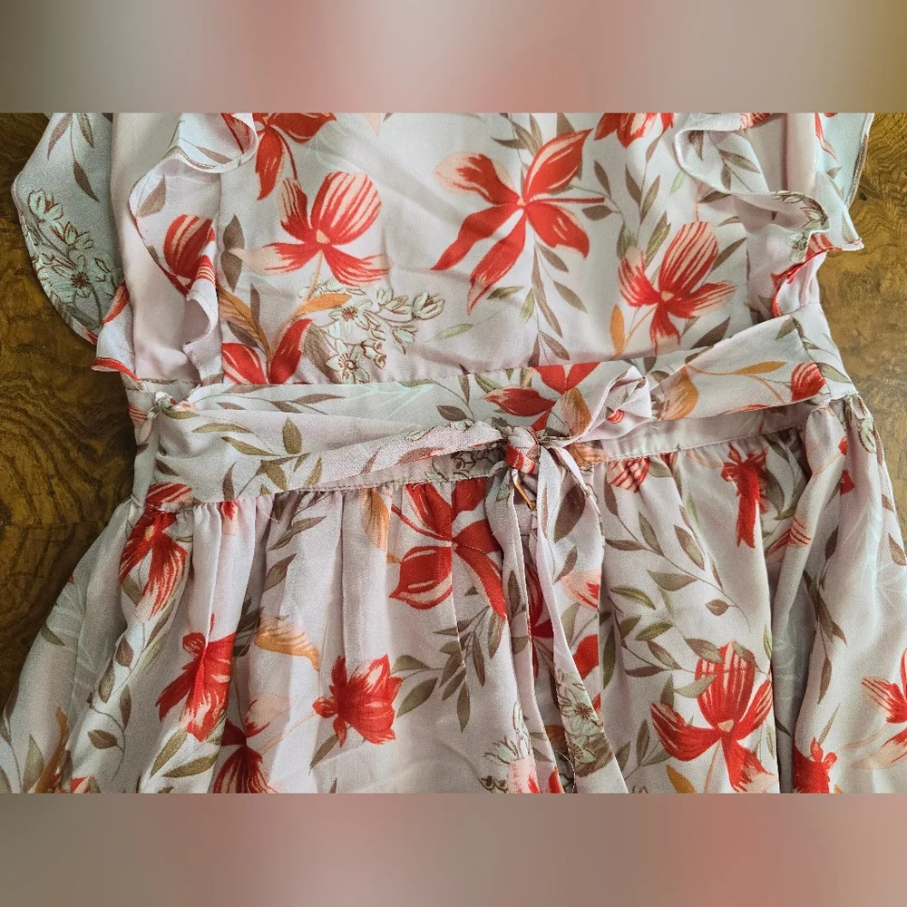 Pink Lily Floral Ruffle Sleeve Faux Wrap Womens Maxi Dress, Size Medium - Picture 8 of 11